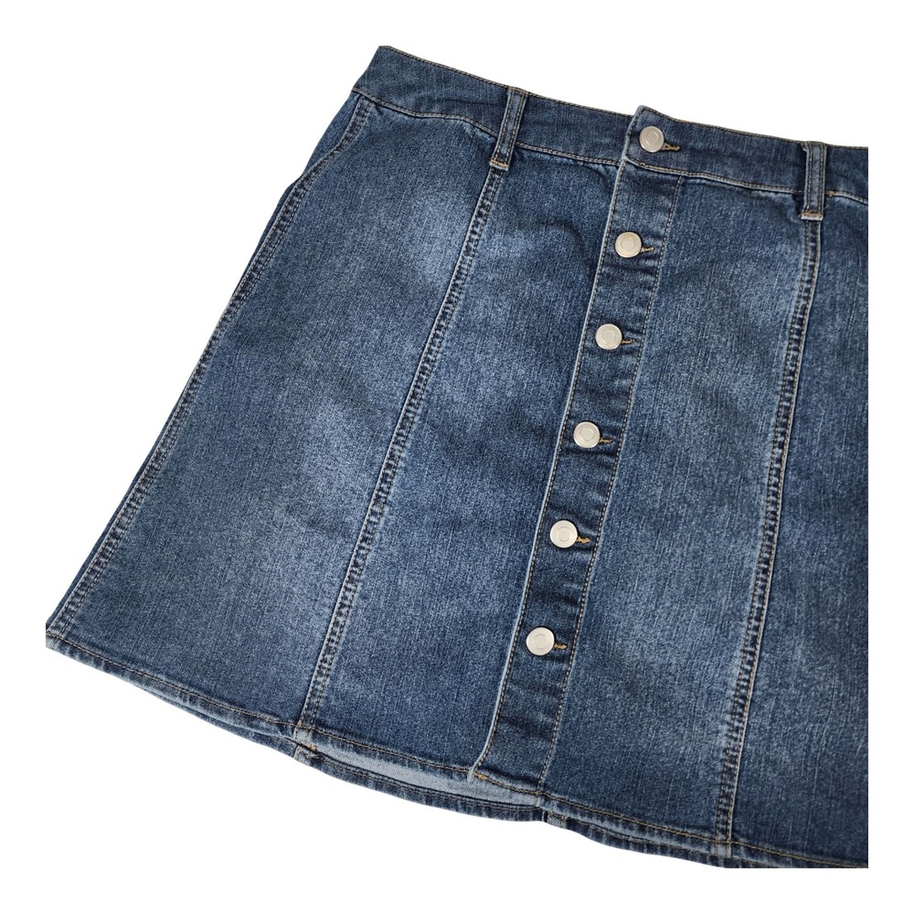 Faded Glory Womens Blue Denim Button Front Mini Skirt Size L 12-14 High Waisted - Picture 2 of 8